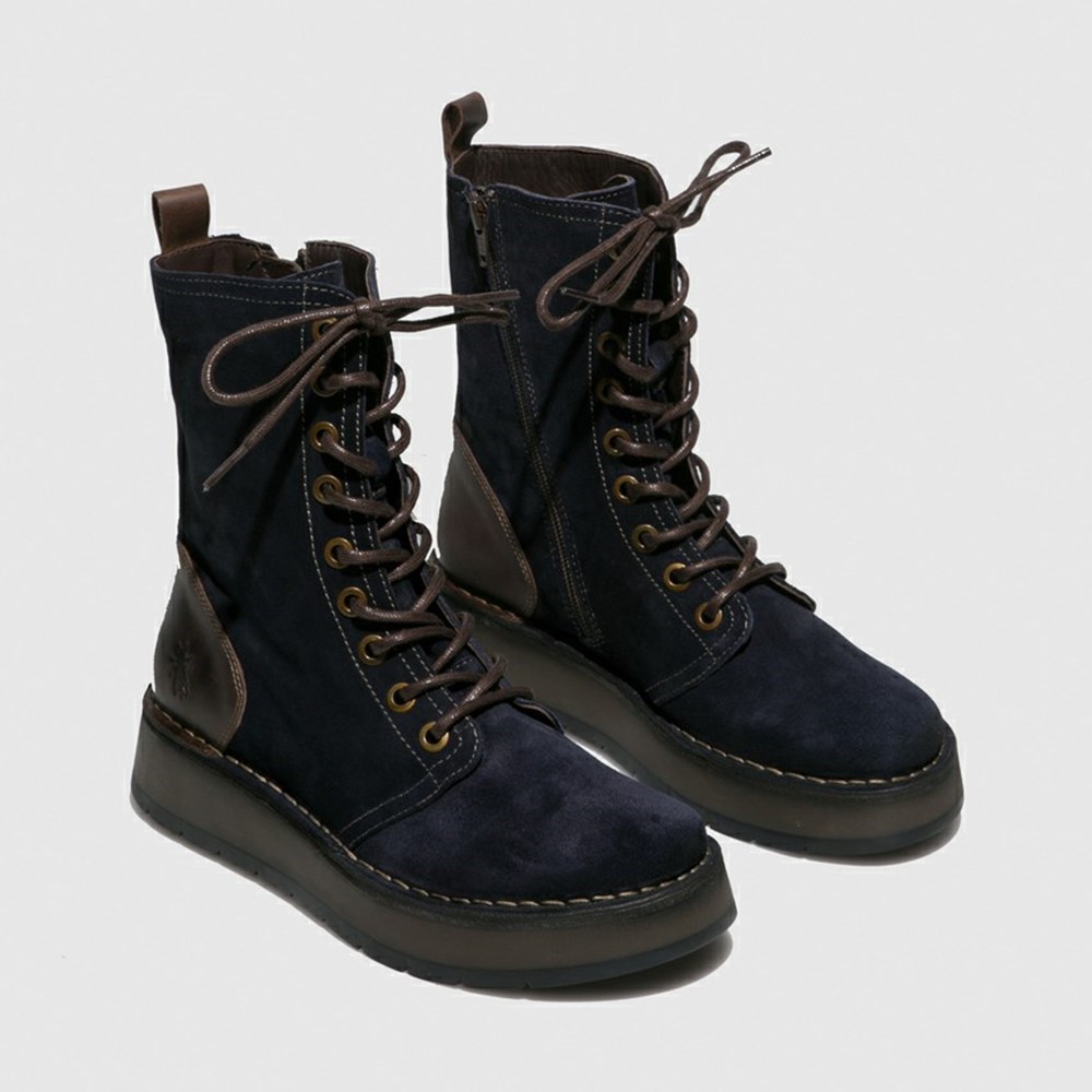 Zapatos Cuña Fly London Rami043fly Mujer Azul Marino Marrones | 9614-ZHASI